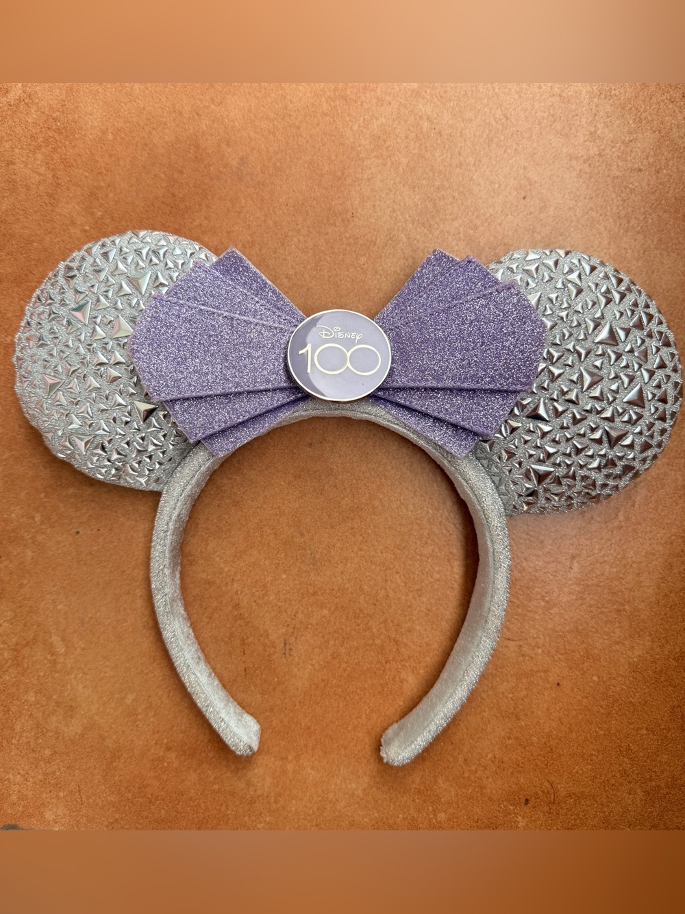 Disney 100 Platinum Anniversary Minnie Mouse Ears Headband Silver Purple Bow
